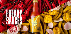 Freaky sauces bottles with chili background
